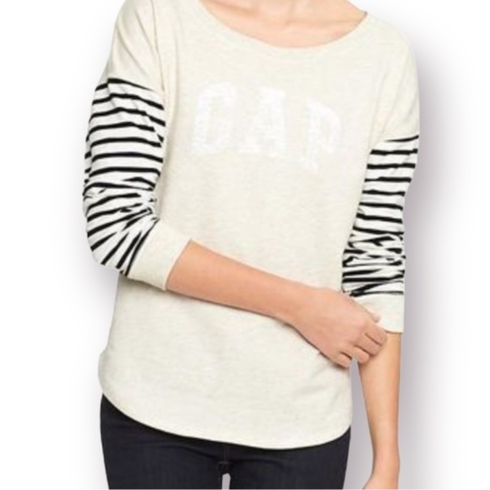 Gap Distressed Sweatshirt Cream Faded Logo with Black White Stripe Sleeves